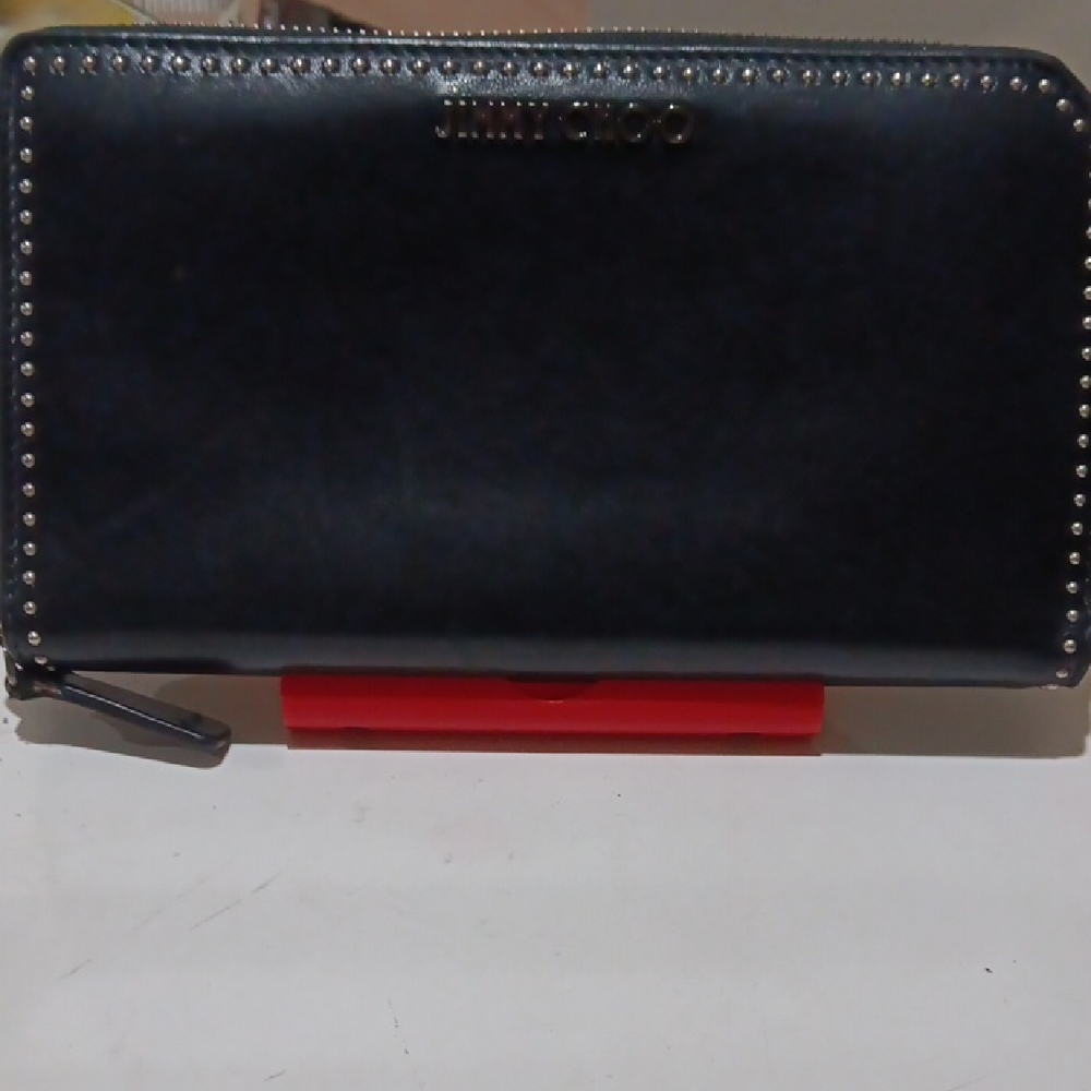 Jimmy Choo Black Leather Studded Zip Wallet Dust Bag Signature Embossed Like New